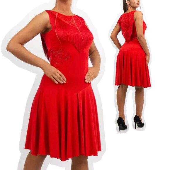 Z&X Red Latin Dance Dress With Fringe Lace Dress Size M - Picture 1 of 15